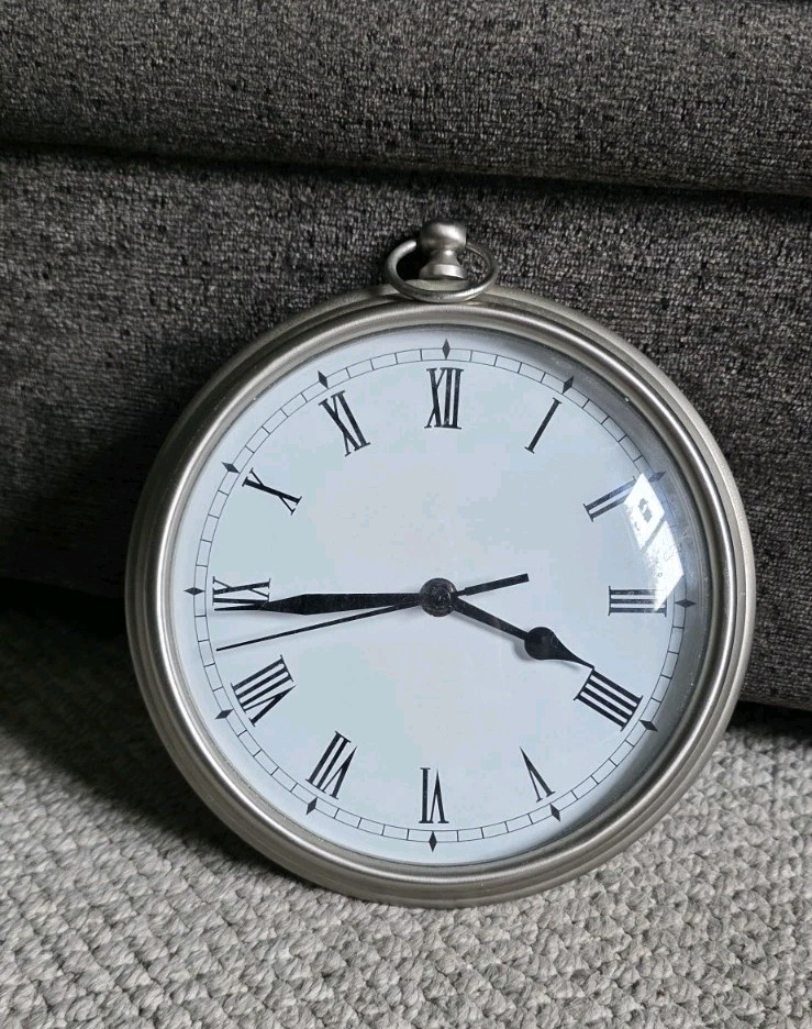 Pottery Barn Pocket Watch Style Heavy Wall Clock Pewter Silver Roman Numerals 8"