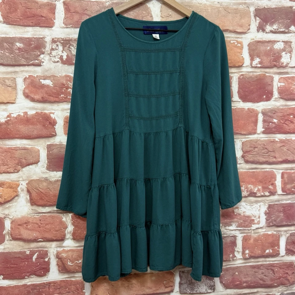 Francescas Blue Rain Dress Womens Medium Green Floral Lace Accent Back Popover - Image 4 of 4