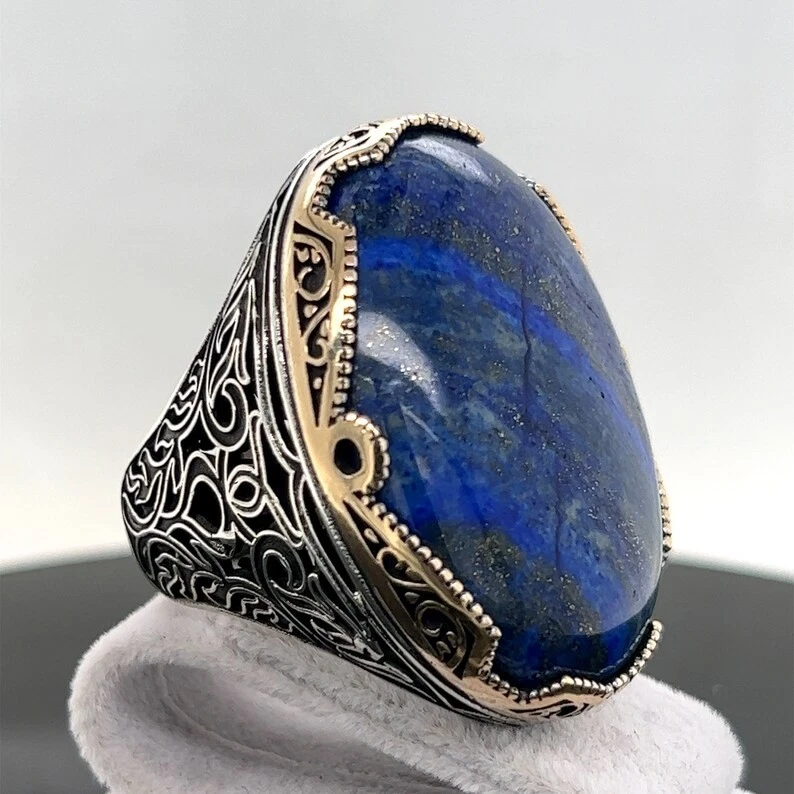 Anillo hecho a mano turco de piedra de lapislázuli grande natural de plata 925 Foto 2 de 4