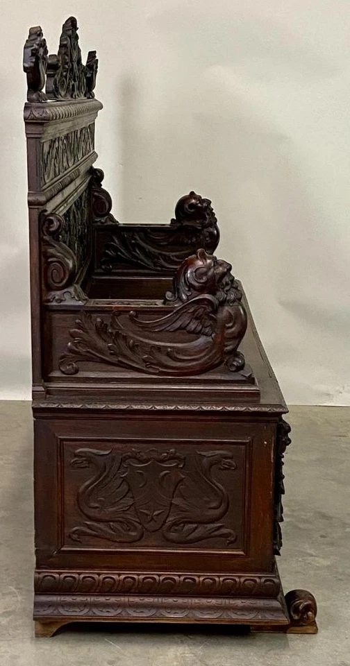 Antiguo banco de salón figurativo de haya y pino tallado renacimiento gótico #22463 Foto 3 de 4