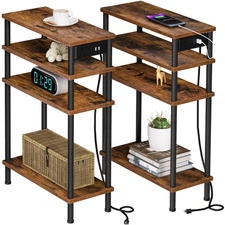 Narrow Side Table with Charging Station, 4 Tier Small Thin Slim End Tables Li...