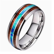Polished Stainless Steel With Natural Koa Wood & Lab Created Fire Blue Opal Ring