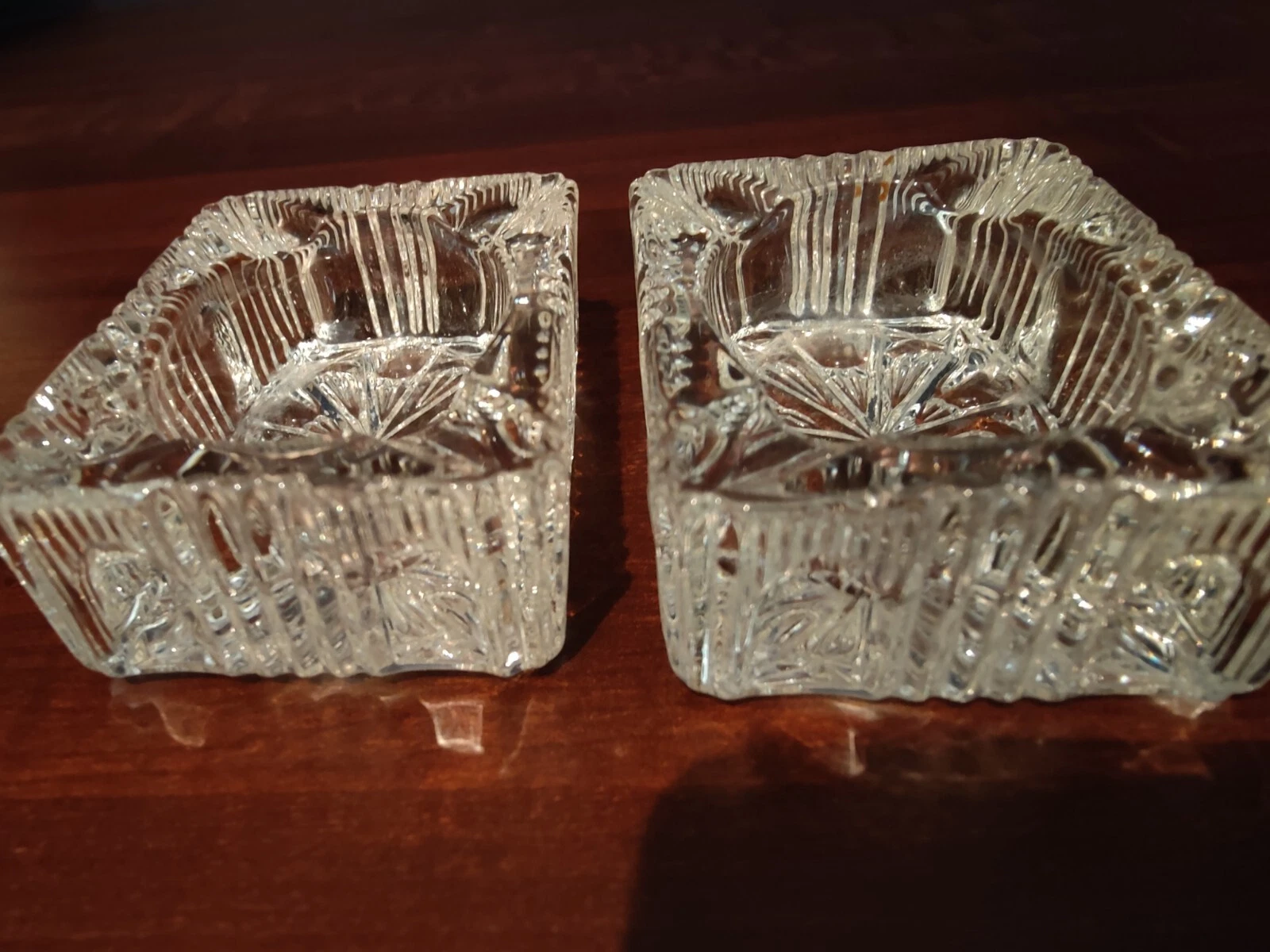 2Clear Cut Glass Rectangular Ash Tray Salt Cellar Ribbed Sides Star Burst Bottom