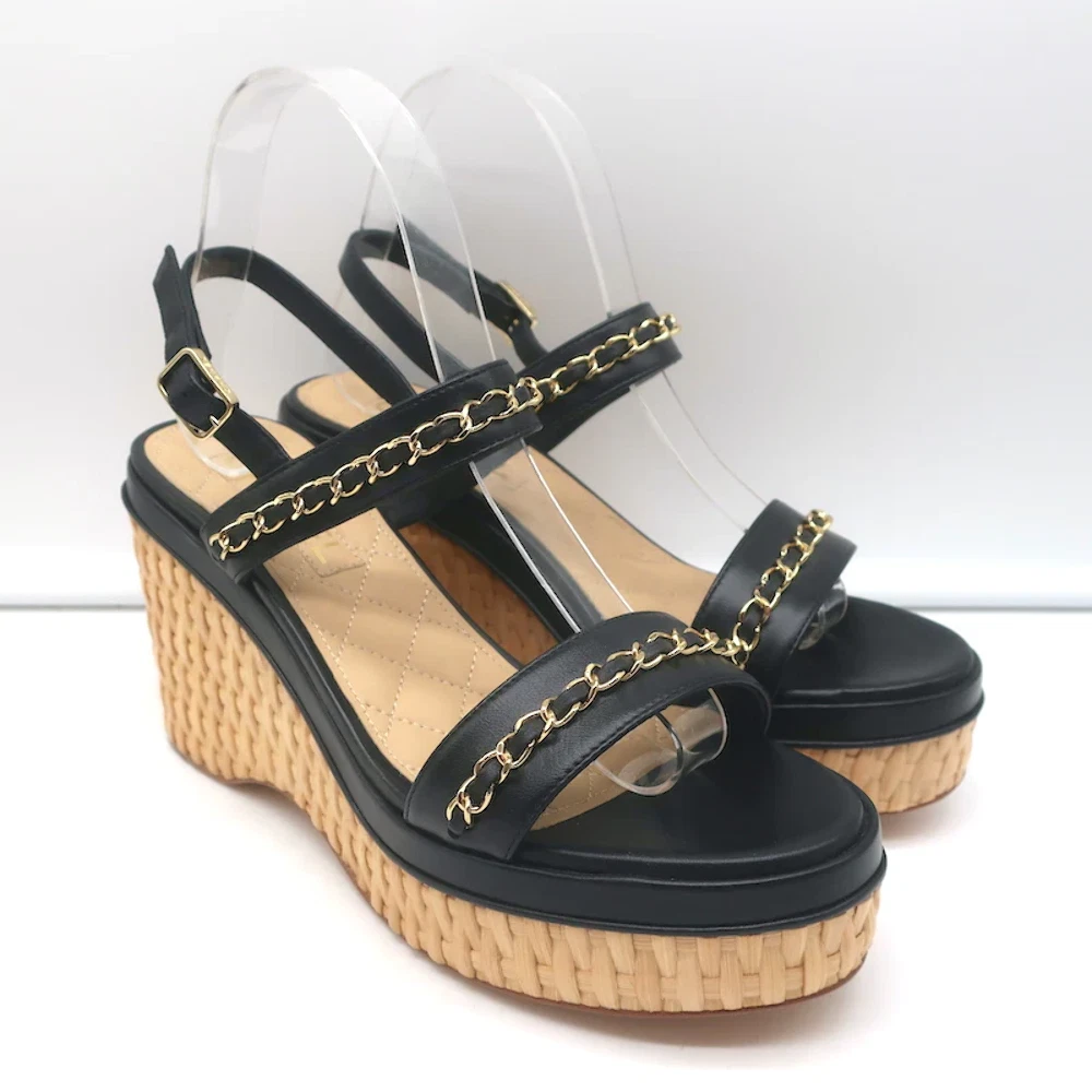 CHANEL 20C Tweed Leather Chain CC Raffia Platform Wedge Heel Sandals Shoes  $1175