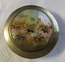 Mother of Pearl Compact Mirror, Painted Scene, 2.75" Polo Match Horses