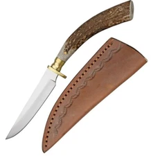 Steel Stag Hunter Fixed Knife 3.75 Stainless Full Blade Stag/Brass Guard Handle
