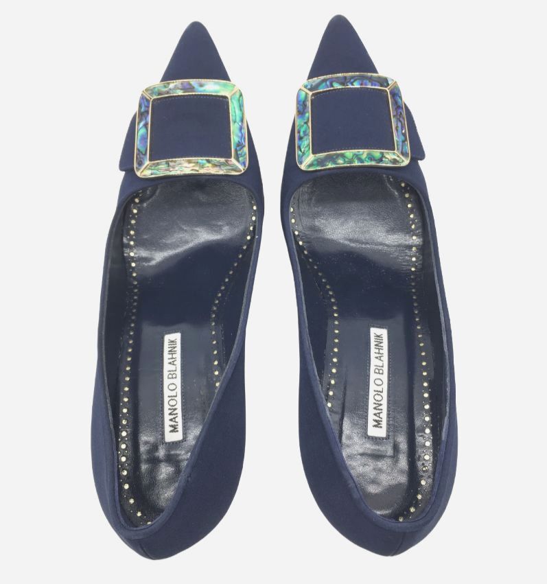 $995 Manolo Blahnik Women's Blue Maysale 90 Silk Pump Shoes Size