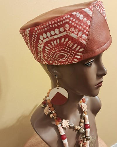 NEW 2PC HANDMADE UNISEX KUFI STYLE HAT MATCH HANDMADE EARRINGS RUST 24" - Picture 2 of 5