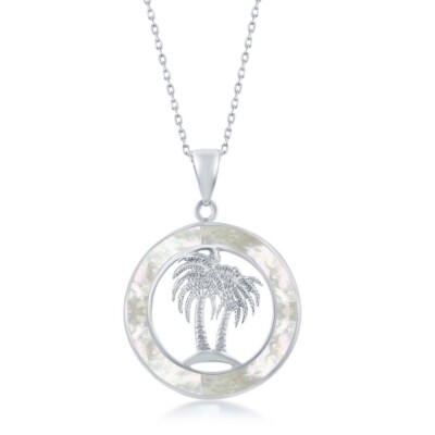 Sterlingsilber Palmen weiß MOP Kreis Anhänger mit Kette