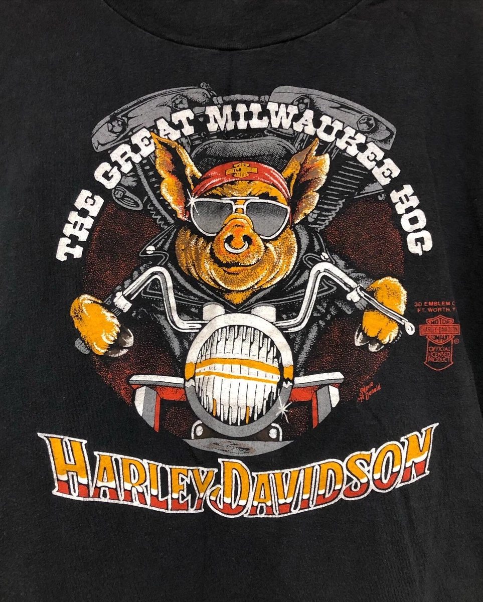 Vintage 80s Harley Davidson 3D Emblem The Great Milwuakee Hog T Shirt Sz M Biker