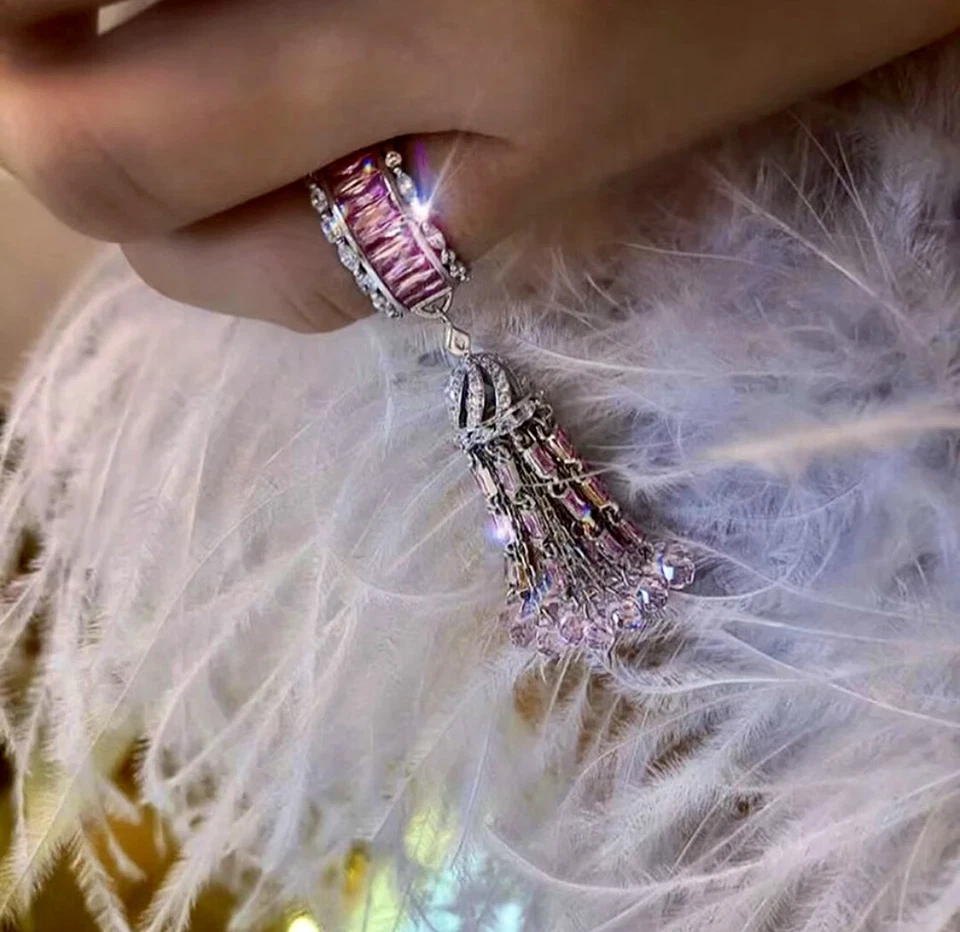 18k White Gold Filled Long Tassel Ring made w Pink Topaz Swarovski Crystal Stone - Image 2 of 4