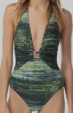 298 Vince Camuto Women's Green Stretch Midnight Waves Plunge V-Neck Swimsuit 4