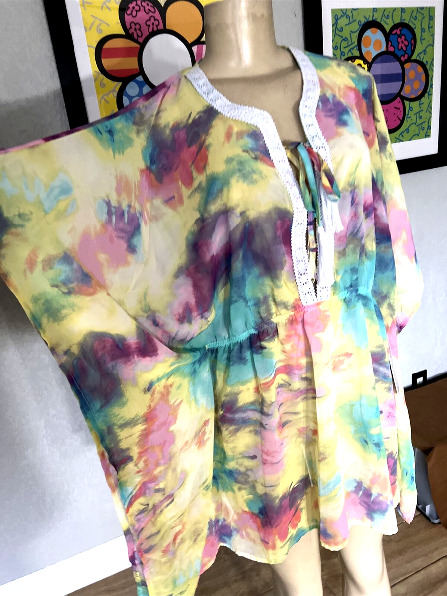 Tini Bikini Swimwear Rainbow Tie Dye Cover Up Size L/XL W/TASSELS