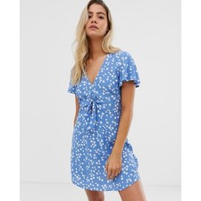 Jack Wills Erin Tie Front Blue Floral Mini Short Sleeve Dress Women’s Size 8