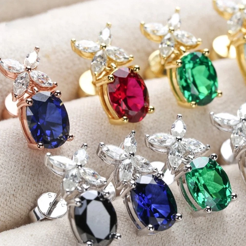 Oval Cut Moissanite&Lab Grown Ruby Sapphire Emerald Studs Earrings S925 Silver - Image 4 of 4