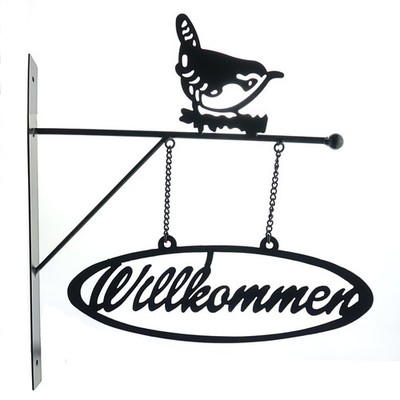 Esschert Design Wandschild Willkommen mit  Zaunkönig schwarz matt - Metall