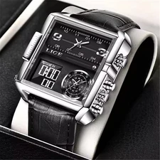 LIGE Men Square Watch Digital Quartz Wristwatch Male LED Alarm Sport Watch Gifts
