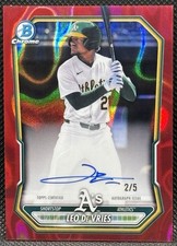 Leo De Vries 2026 Bowman Chrome Prospects Red Lava Refractor Auto /5 Athletics