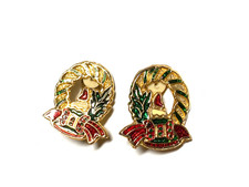 Christmas Wreath Clip On Earrings Gold Tone Red Green