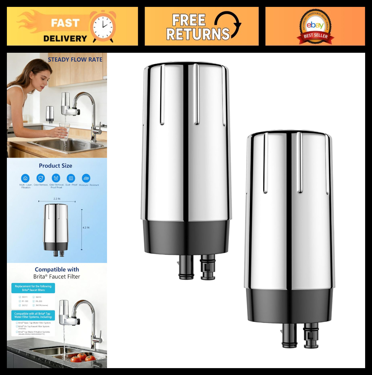2 Pack Faucet Water Filter Replacement Compatible with Brita
