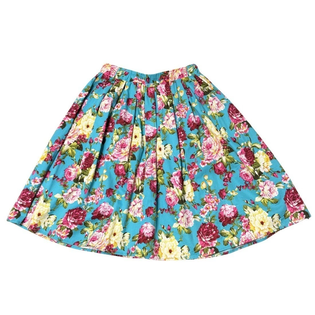 Floral Turquoise Blue A-Line Pleated Skirt S w/Pockets Pink Roses Flare Zip Y2K