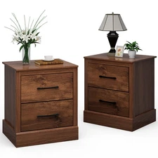 2 PCS 2 Drawer Nightstand Bedside Table Compact Sofa End Table Rustic Walnut