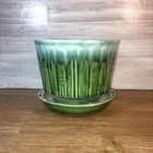 McCoy 0374  Planter/Flowerpot Pottery Green Bamboo w/ Saucer