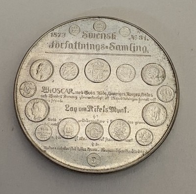 Sweden 1873 Law on the Coinage of the Realm / Kungliga Mint Commemorative Silver