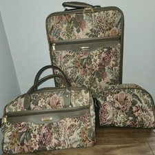 Vintage 3 Piece Jaguar Travel Luggage Floral Tapestry Soft Shell Weekender Set
