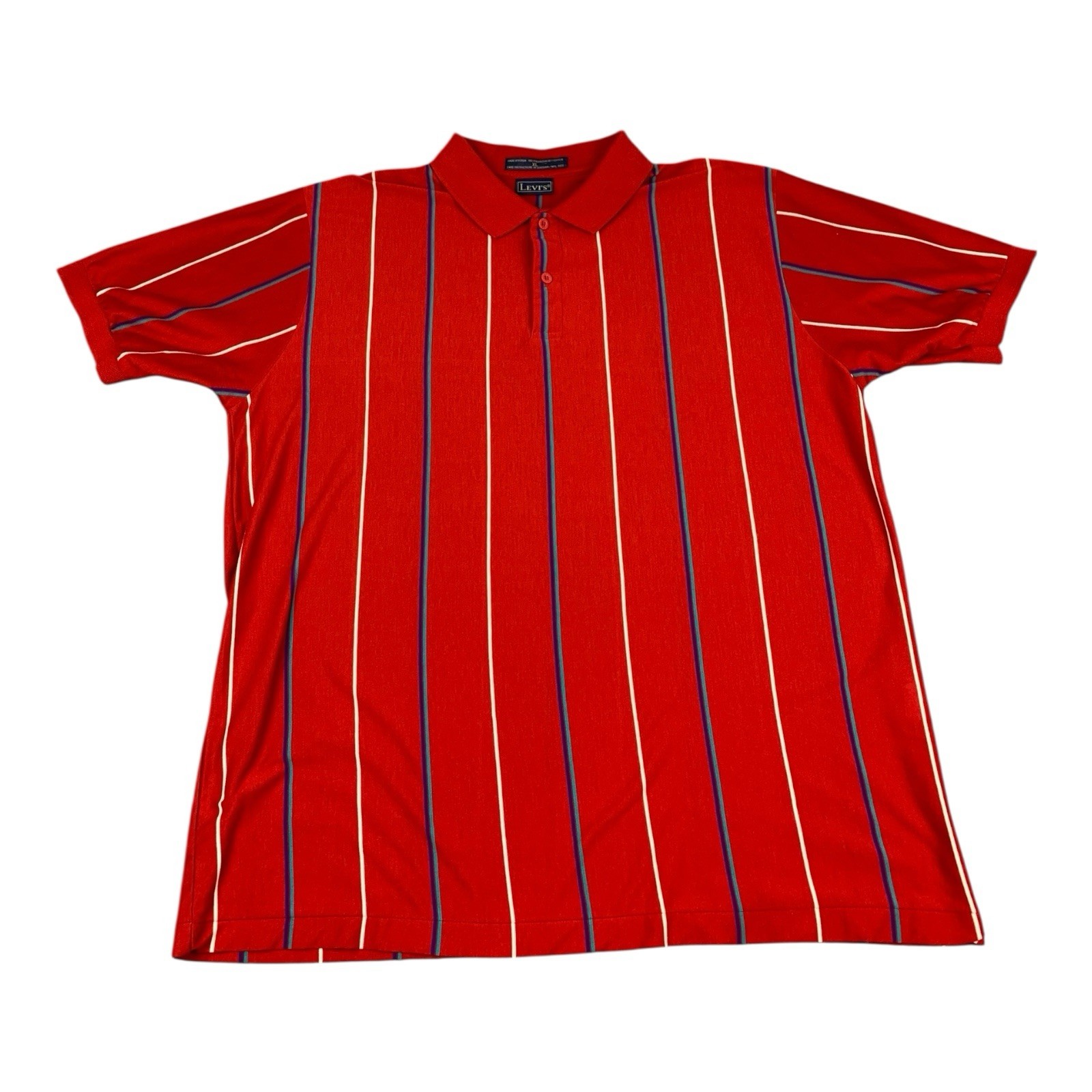 Vintage Levi’s Men’s Polo Shirt, Red w/ Vertical Stripes, Short Sleeves, Size XL