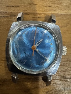 Vintage Caravelle Bulova Blue Dial Mechanical Watch Runs Broken Crystal Parts