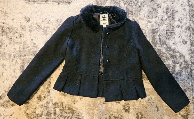 Gymboree City Kitty Black Faux Fur Collar Pleated Coat Jacket Girls M 7-8