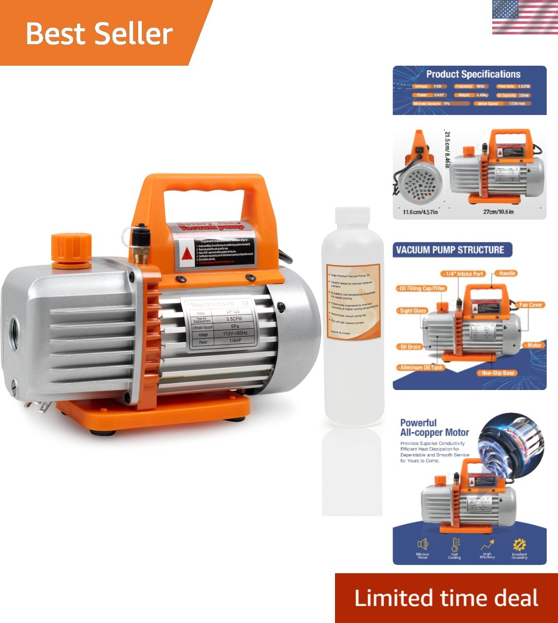 Reliable 3.5 CFM Vacuum Pump - Lightweight, Durable for Vari