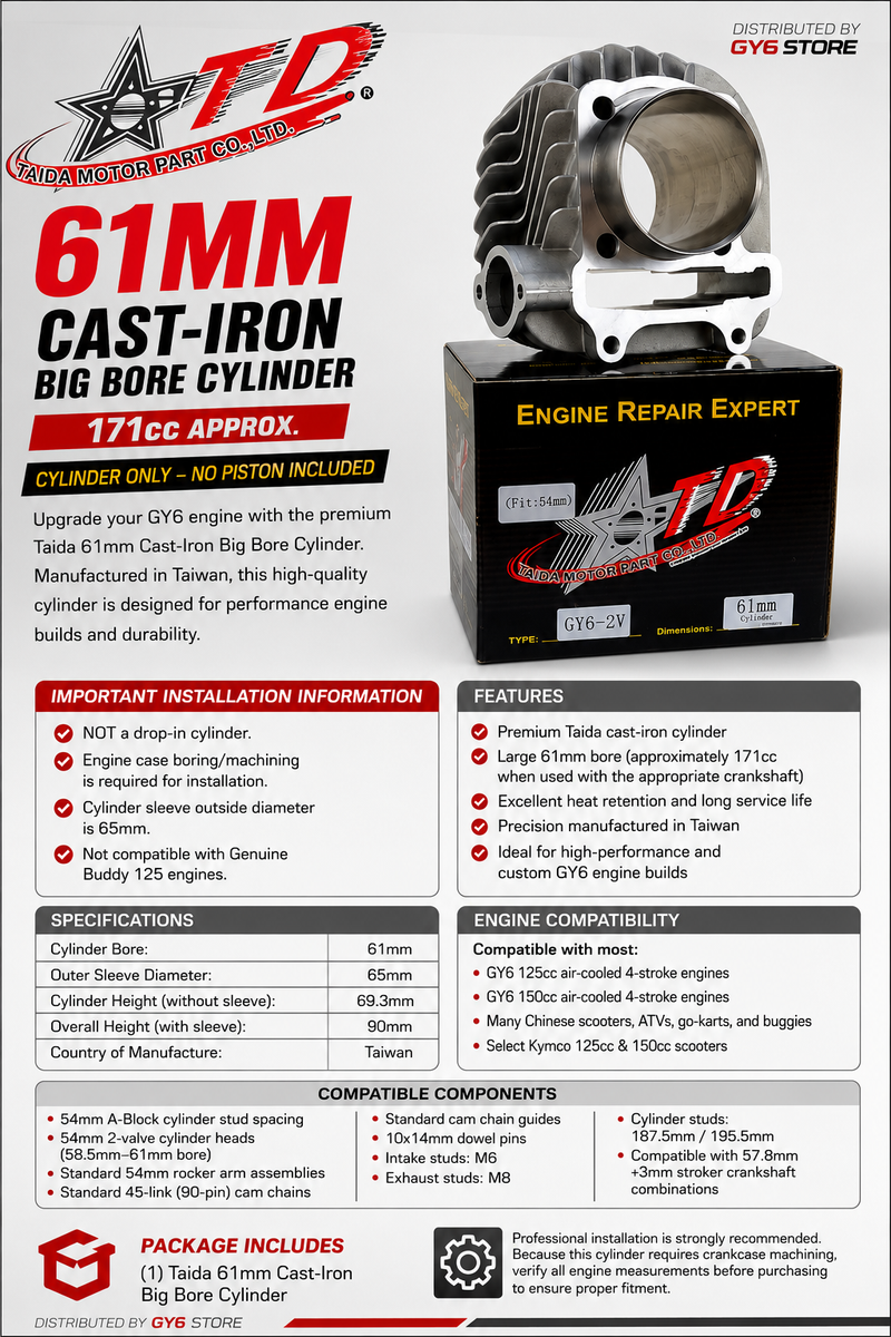 Taida 61mm Big Bore 172cc Cylinder 54mm stud spacing A-Block GY6