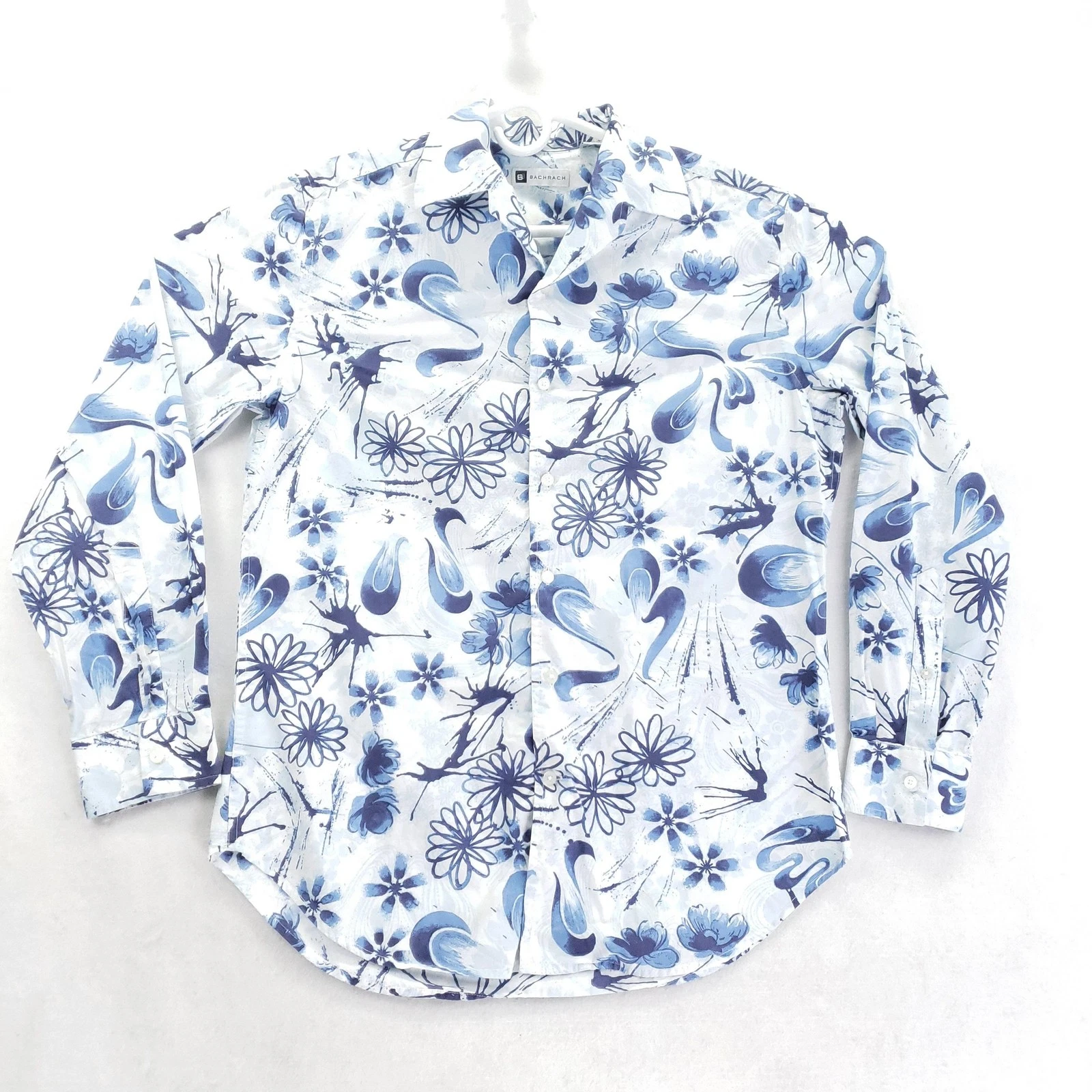 Bachrach Shirt Mens Medium Blue Floral Long Sleeve Button Front Cotton Casual