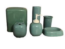 5 Pc Ceramic Bathroom Accessory Counter Set Turquoise w Acrylic Tissue Holder
