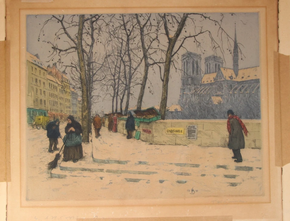 TAVIK FRANTISEK SIMON Quai de la Tournelle im Winter ~ Farbradierung Paris 1911 - Bild 2 von 4