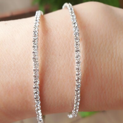 2 Silver CZ Cubic Zirconia Diamante Tennis Bracelet Flexible Bangle Bridal Gift