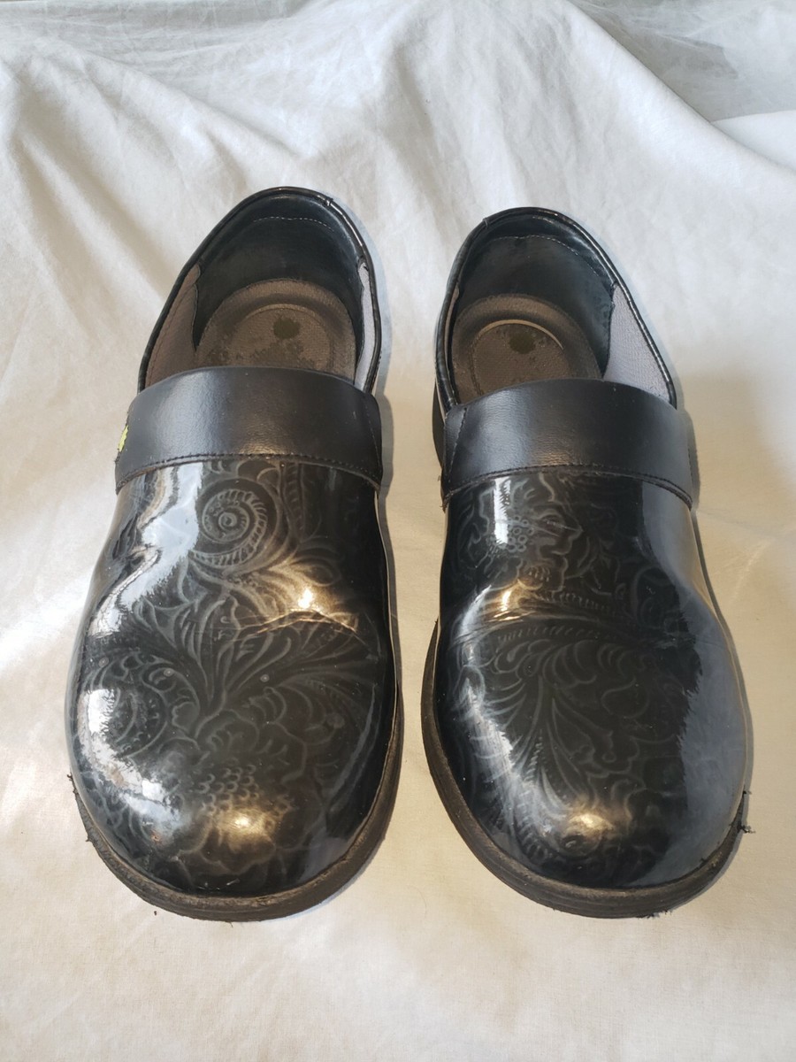 DAMAGED WORK WONDERS DANSKO CAMELLIA BLACK GLOS FLORAL GRAY CLOG