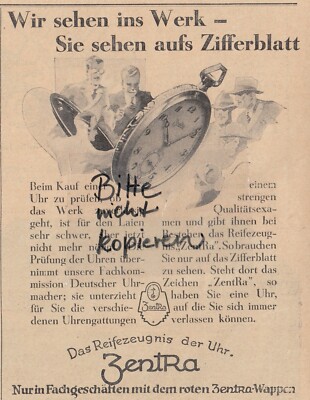 BERLIN, Werbung 1928, Zentra Marken-Uhren-Verein Taschen-Uhren