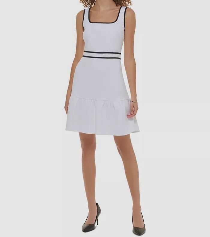 Karl Lagerfeld Paris Women's White Scuba Contrast-Trim A Line Dress Size 14