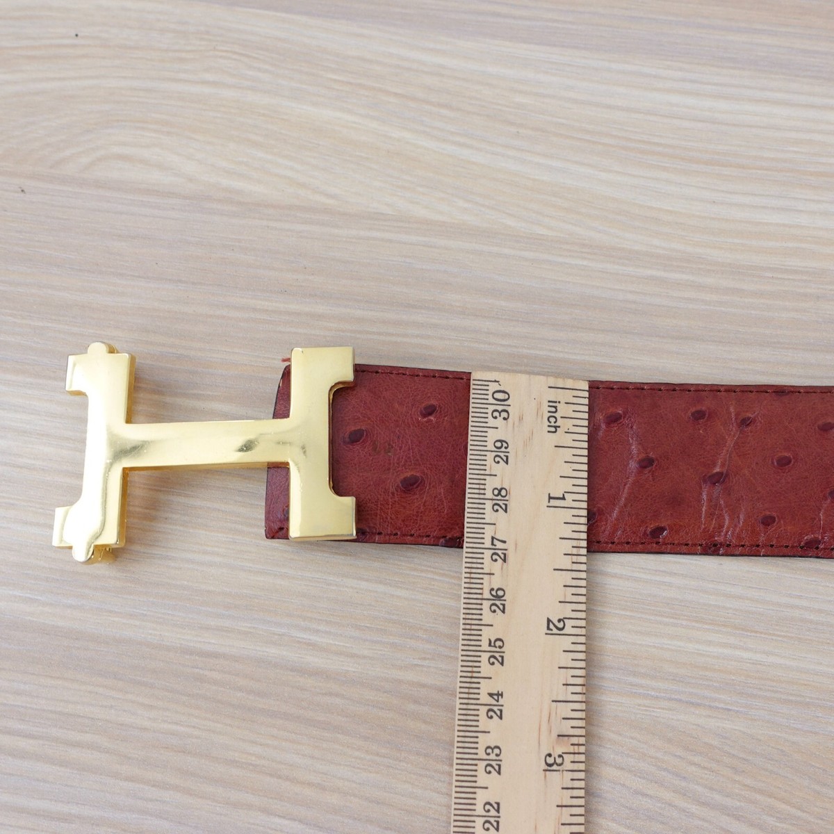 Ostrich Belt Real Leather H Gold Buckle Stud Logo Red 