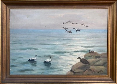 Ölbild Harald WENTZEL (1897-?) Küstenlandschaft mit Seevögeln beschädigt - Bild 1 von 4