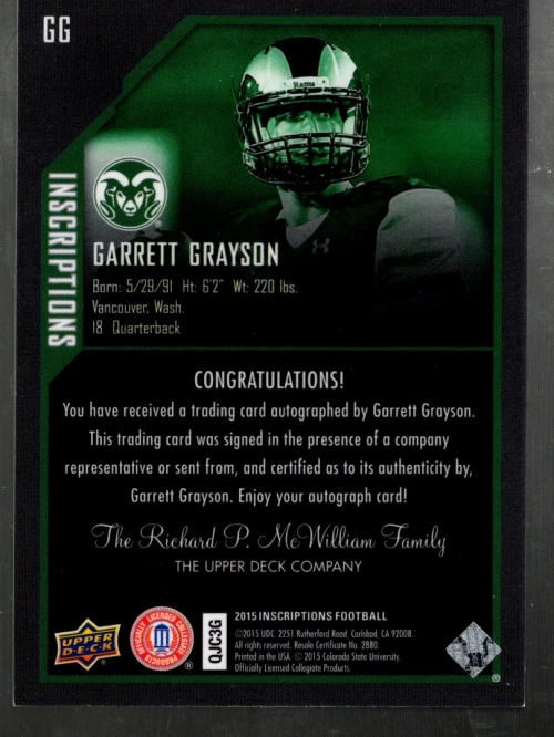 B4156- 2015 Upper Deck Inscriptions #GG Garrett Grayson Auto - NM-MT - Image 2 of 2