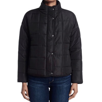 THREAD SUPPLY High Collar Quilted Black Full Zip Snap Puffer