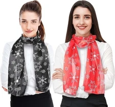 CBC Crown 2 PC 13"x60" Snowflakes Silk Feeling Christmas Scarfs, Made in Korea