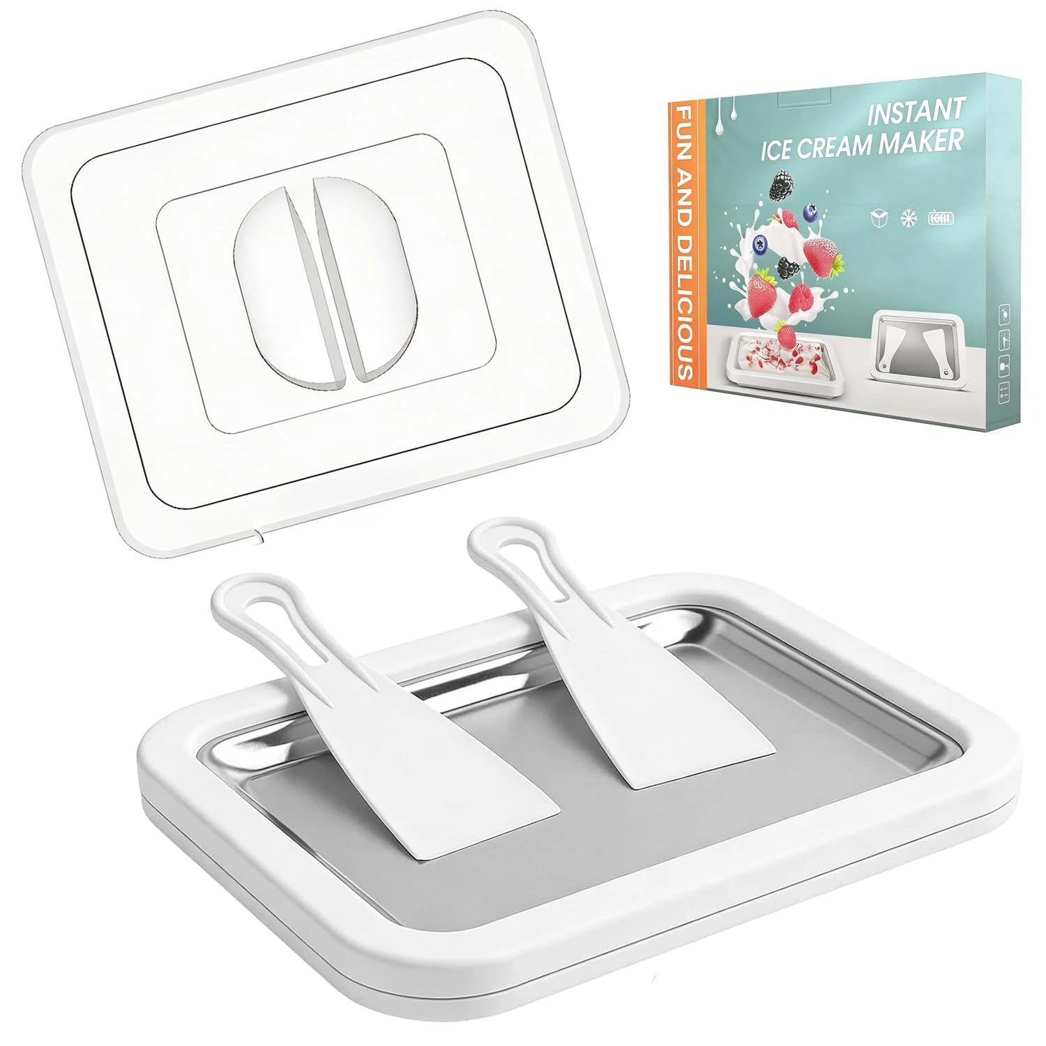 Rolled Ice Cream Maker Tray with Lid and 2 Scrapers, 304 Stainless Steel Ice ...