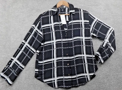 New Look Shirt Womens Size 10 Black White Check Chain Print Long Sleeve BNWT - Image 1 of 4