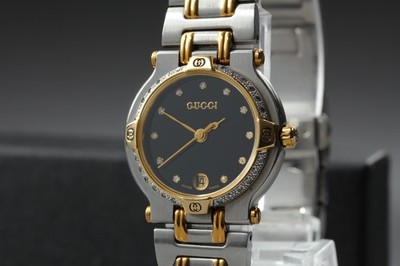 GUCCI 9000L Gold Black Diamonds Qz Damenuhr Vintage Near Mint aus JAPAN