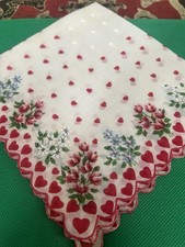 Vintage Valentines Hankie Hearts Flowers 14 VGC